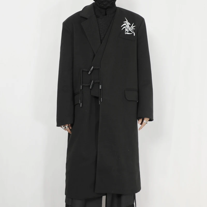 Original men's woolen coat autumn and winter new Chinese asymmetrical design collar bamboo embroidery loose long coat trend