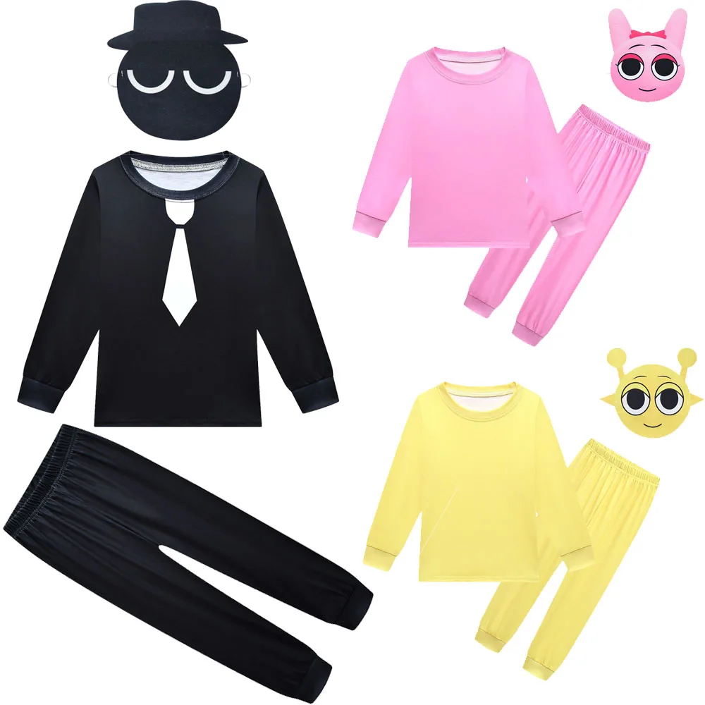 Sprunki Schwarzes Kinderkostüm Jungen Cosplay Cartoon Sprunki Plüsch Langarm T-Shirt + Hose Mädchen Kleiden Halloween Lustiges Outfit