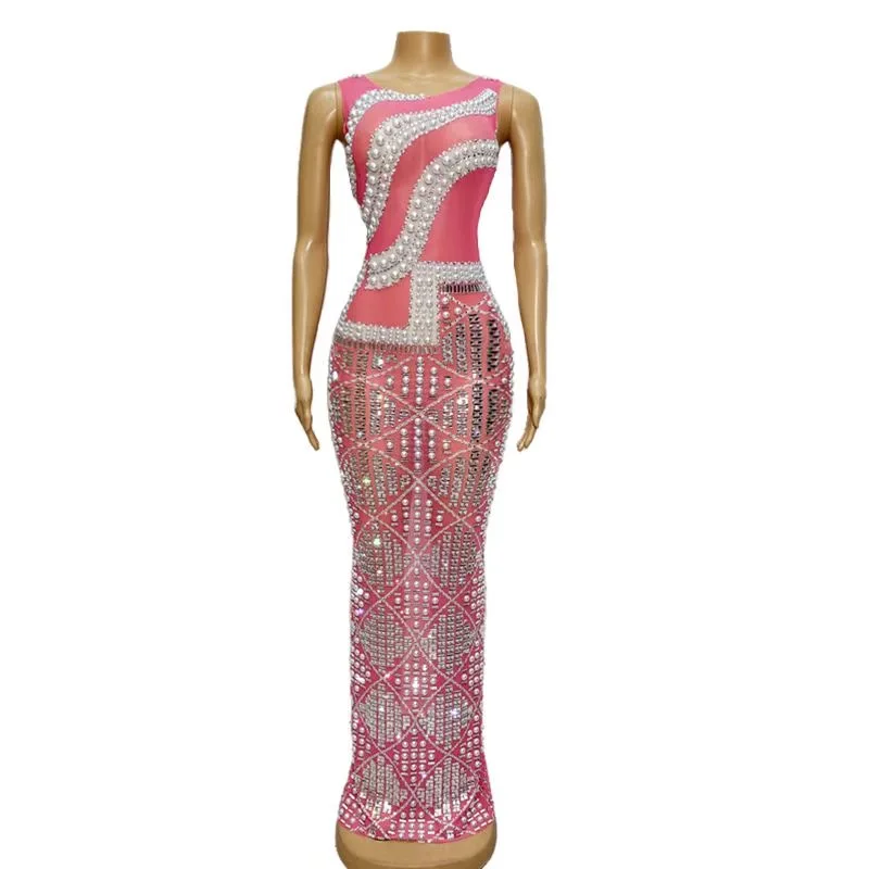 

Evening Sparkly Silver Rhinestones Pearls Pink Sleeveless Dress Dancer Costume Celebrate Outfit Prom Birthday Collection