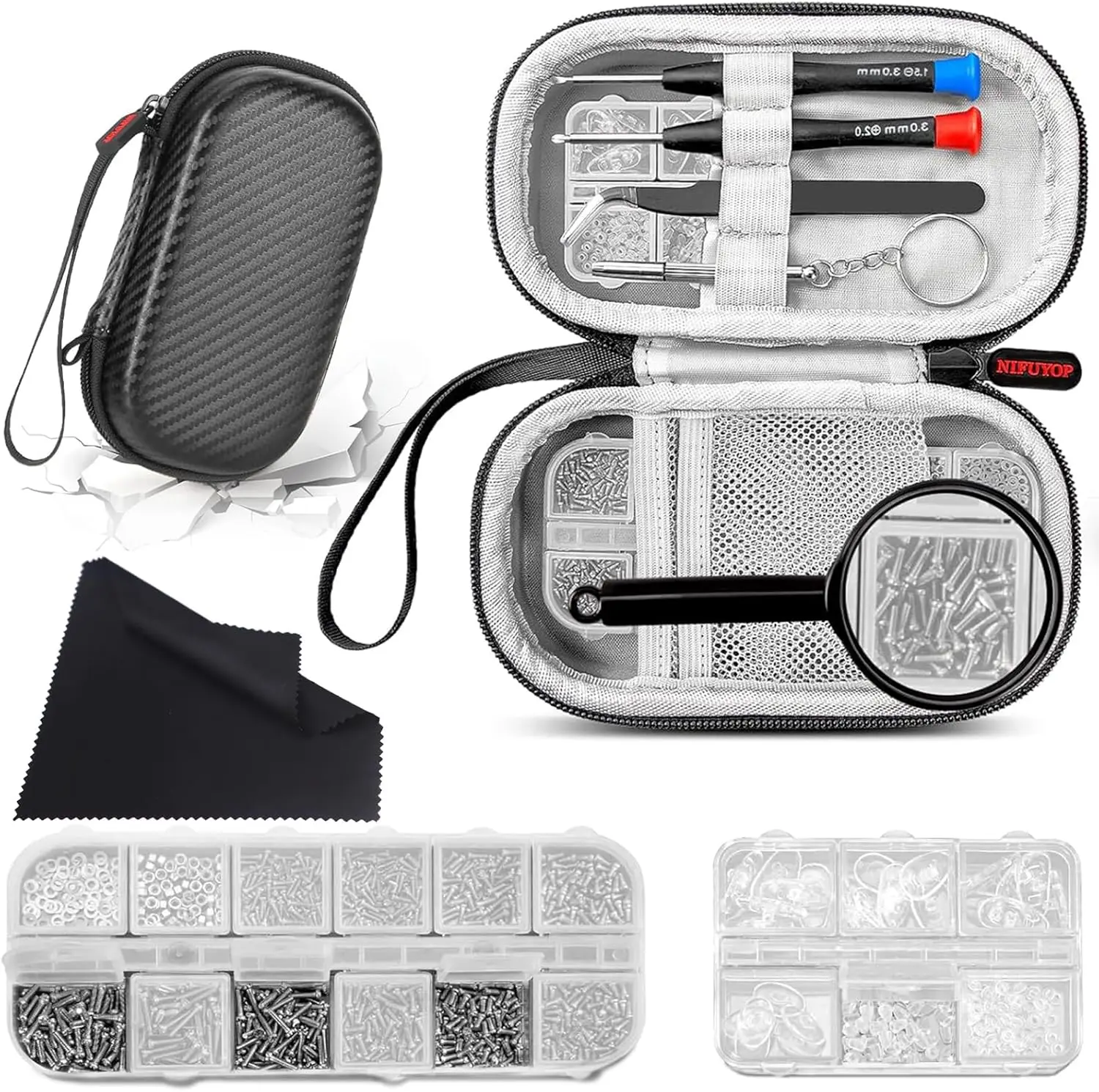 

Complete Eyeglass Repair Kit with Screws, Nose Pads, Tools, Case