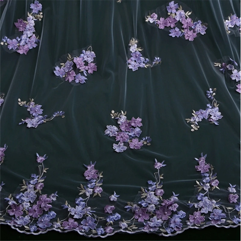 Lilac Purple Floral 3D Wedding Bridal Veils Comb Accessories Beaded Pearls For Brides Embroidered Lace Cathedral Long Unique