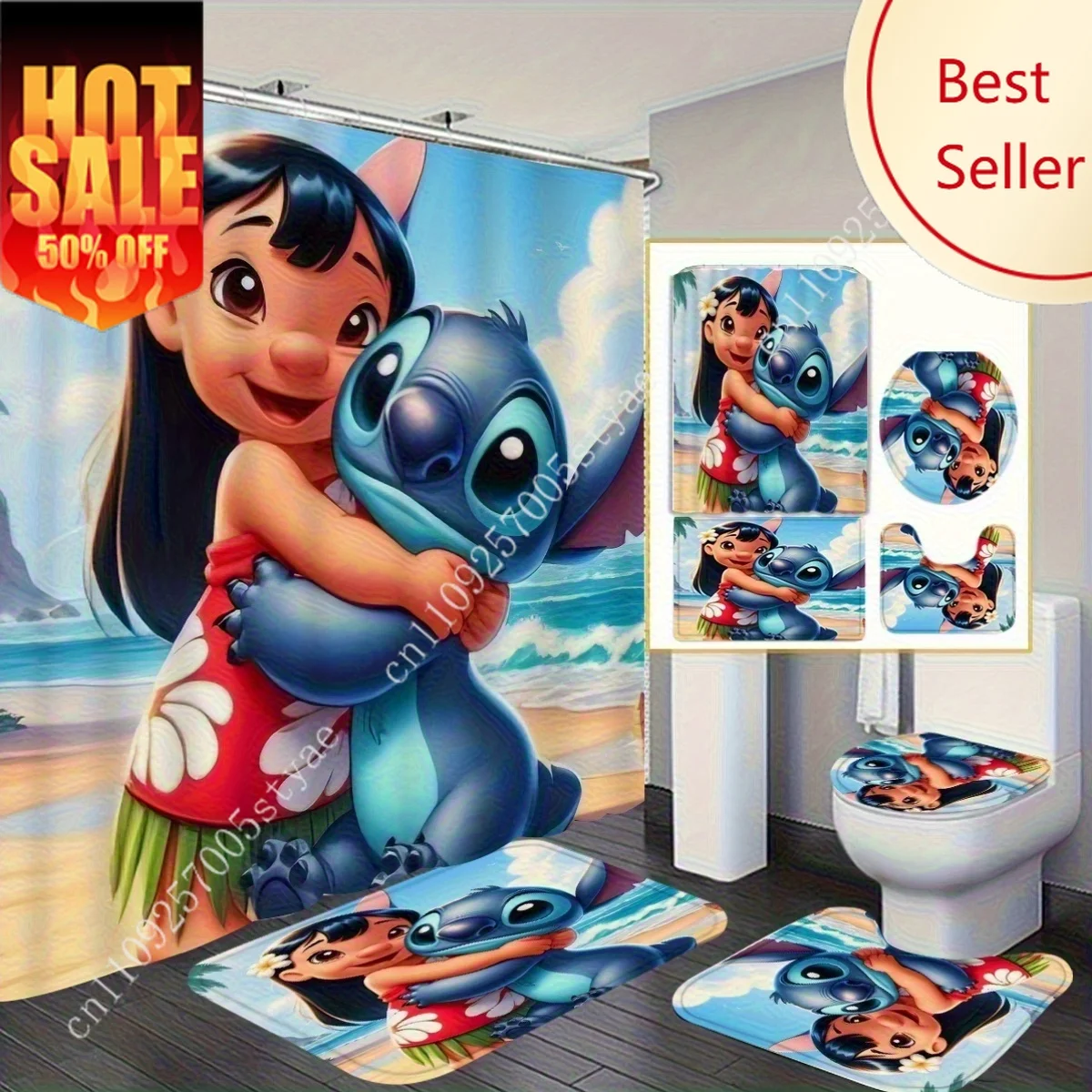

Stitch Shower Curtain Set Disney Cartoon Decoration Gifts Floor Mats Toilet Seat Cover Set Bathroom Mat Toilet Seat Cover 4pcs