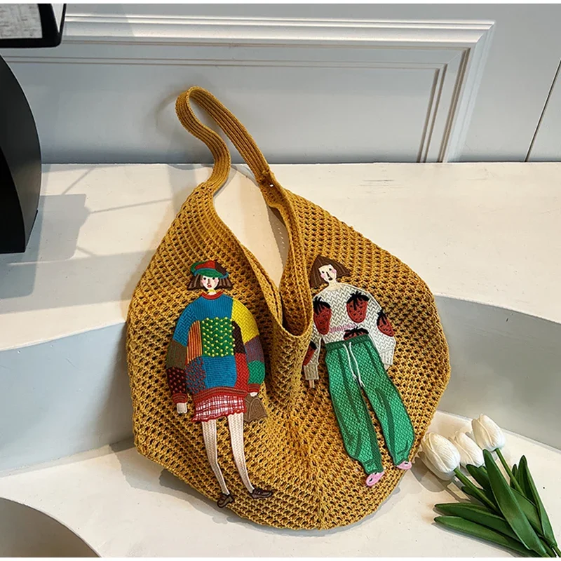 Hohle gestrickte Umhängetasche aus Netzstoff, Strandurlaub, lässige, schicke Cartoon-Einkaufstasche, leichte, lässige, gewebte Damenhandtasche mit Entspannung – Detail 18