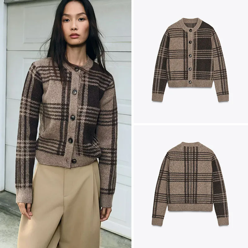 

New Arrival Autumn Women's Casual Knitted Long Sleeve round Neck Coat Vintage Plaid Outerwear Standard Fit Ladies' Jacket
