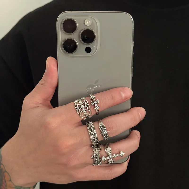 Retro carved cross ring set for men antique silver hollow floral stackable finger rings gothic punk party street accessories