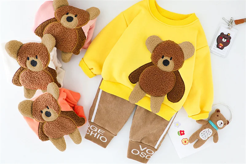 Baby boy clothes autumn winter plus velvet warm thickening suit boys and girls cartoon bear sweater + corduroy pants baby 2pcs