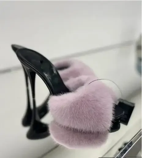 Mink fur high heels, women's slim heels, European and American summer new open toe sexy fish mouth banquet slippers