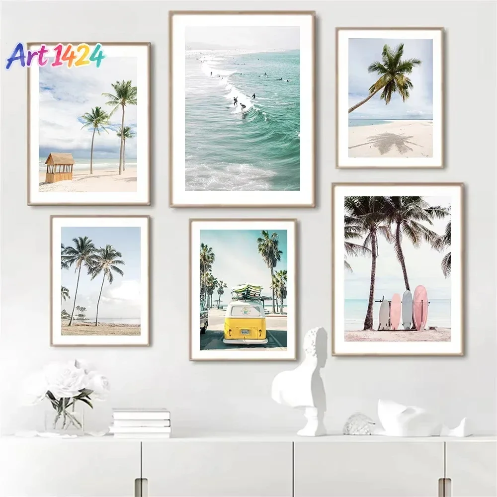 Beach Painting Poster Surfboard Palm Tree Canvas Painting Conch Shell Wall Art Prints Nordic Mural Living Room Home Decoratio