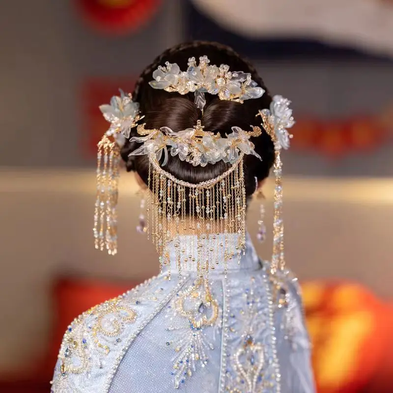 Chinese Xiuhe Dress Blue  Headdress Bride Phoenix  Hairpin Set Wedding Clothing Accessories