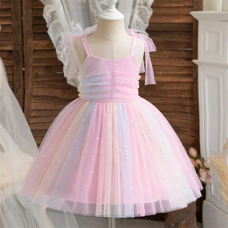 Toddler Baby Girl Dress Sleeveless Sequin Tulle Tutu Dress Vestidos 1-5Y Kids Rainbow Mesh Birthday Party Princess Wedding Dress