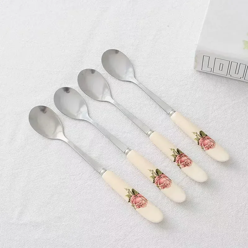 Stainless Steel Ceramic Handle Coffee Spoon Creative Flower Pattern Tea Spoon Honey Dessert Ice Cream Spoon Small Teaspoon