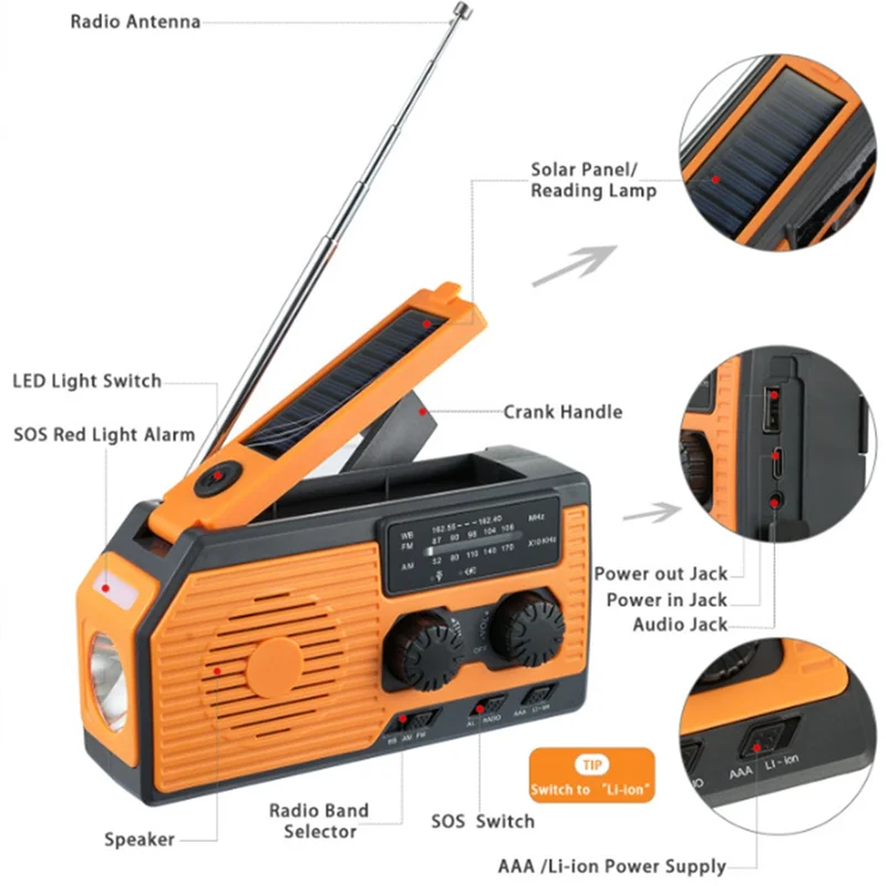 A73E-5000Mah Notfall Solar Power Radio USB Lade Handkurbel Dynamo Taschenlampe FM AM WB NOAA Wetter Radio Power Bank