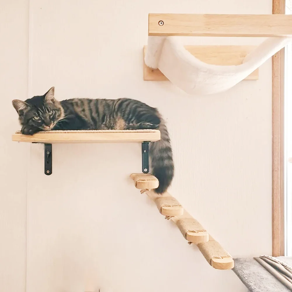 

1 Piece Wooden Cat Tree Cat Wall Mounted Shelf Hammock Cat Jumping Platform and Sisal Steps Ladder Climbing and Playing