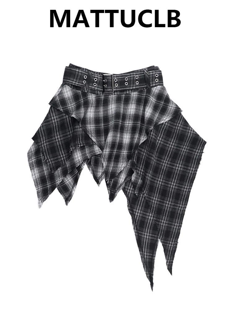 2025 Autumn Winter Women Cyber Punk Dark Academia Irregular A-line Mini Plaid Skirt 2000s JK Goblin Core Y2k Gyaru Harajuku Goth