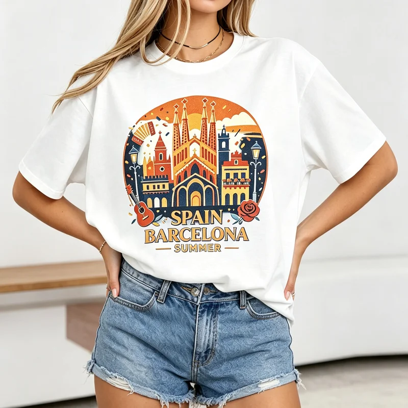 Vintage Spain Barcelona Summer Graphic T‑Shirt Women Retro Spanish City Architecture Travel Souvenir Casual Short Sleeve Tee Top