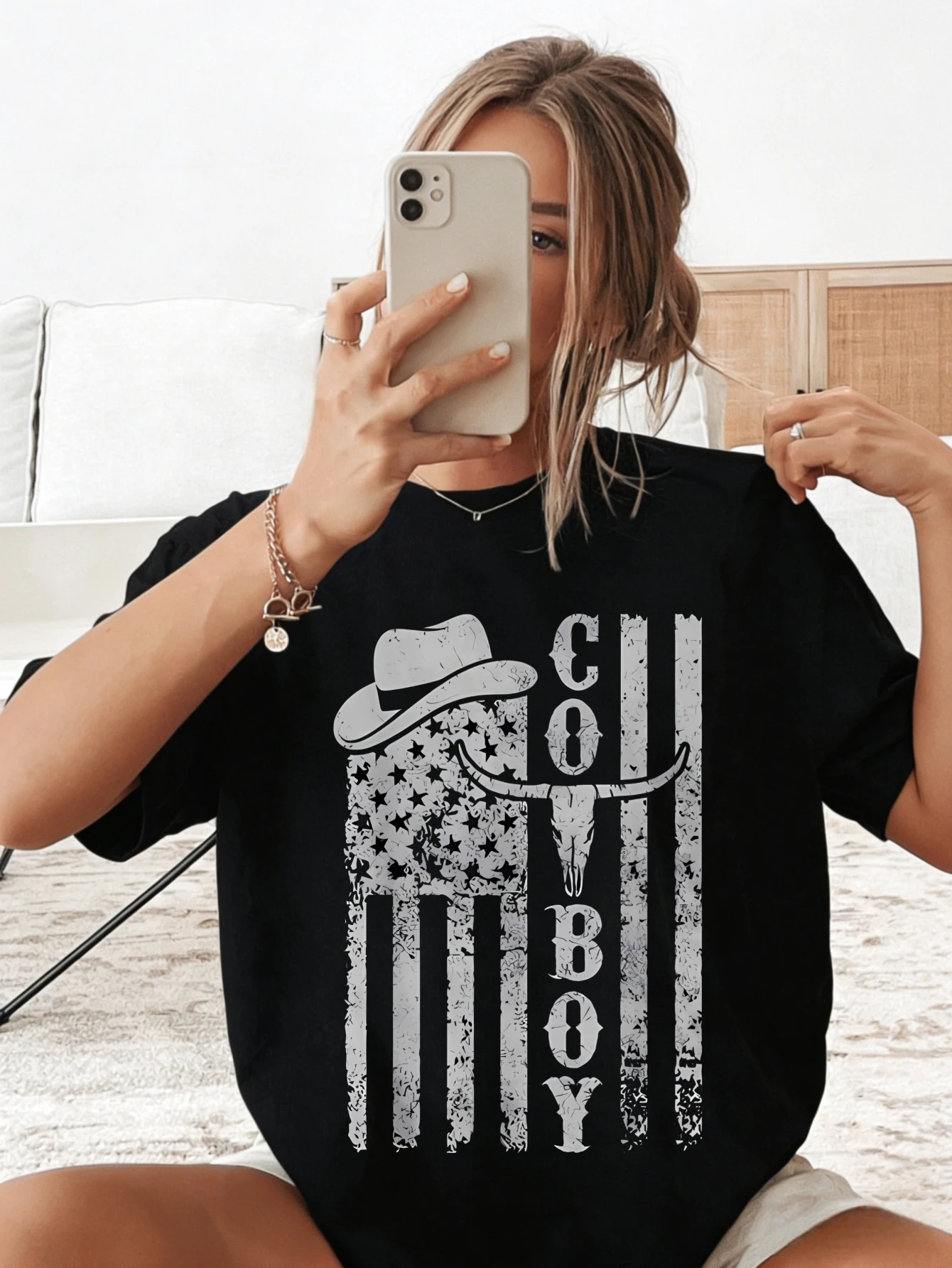 

Womens Cotton Cowboy American Flag Printed Casual Everyday Short Sleeve Summer Streetwear Graphic Tee Gift for Her