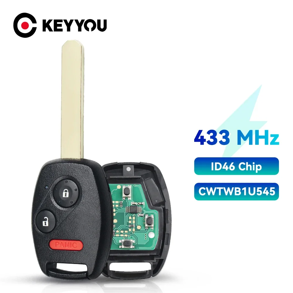 

KEYYOU 2+1 Buttons Remote Control Car Key For Honda Pilot 2005 2006 2007 2008 CWTWB1U545 ID46 Chip 433MHz