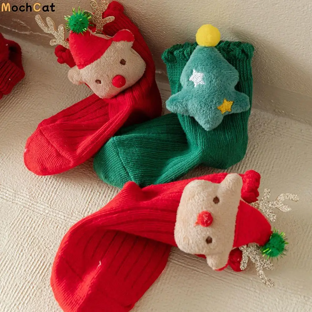 Soft Red Green Children Christmas Socks Bowknot Antlers Cartoon Socking Christmas Tree Stripe Mid Tube Socks Children