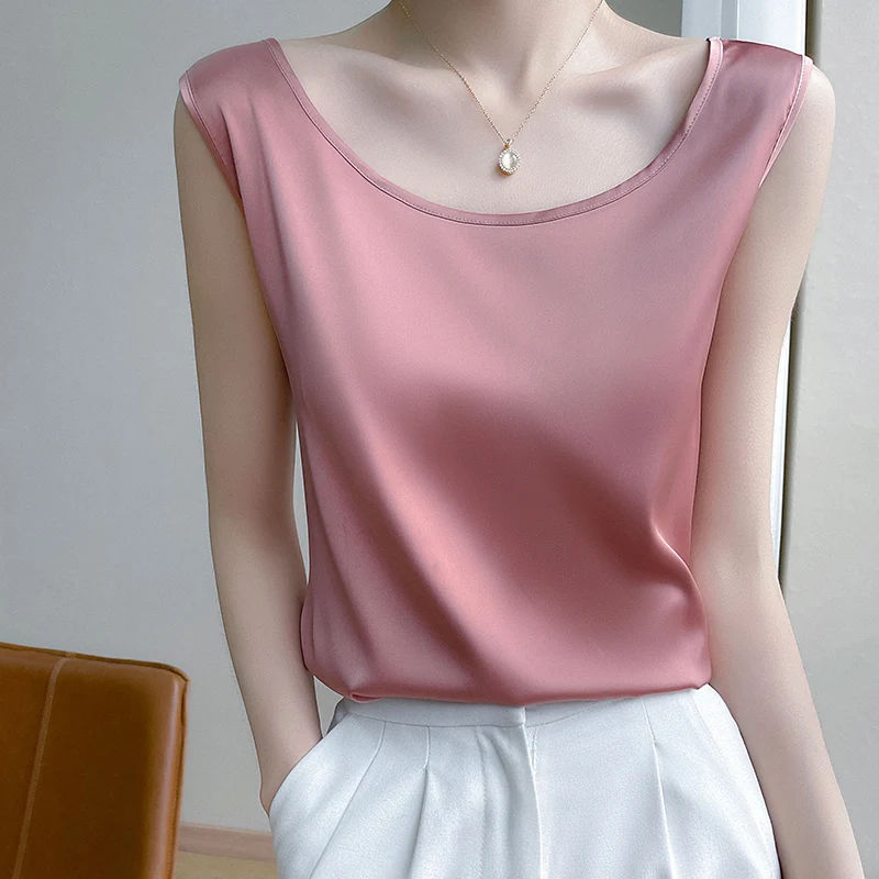 Summer Silk Camis Women's T Shirts Sleeveless Vest Satin Tank Tops Office Elegant Fashion O Neck Champagne BlouseTop Women