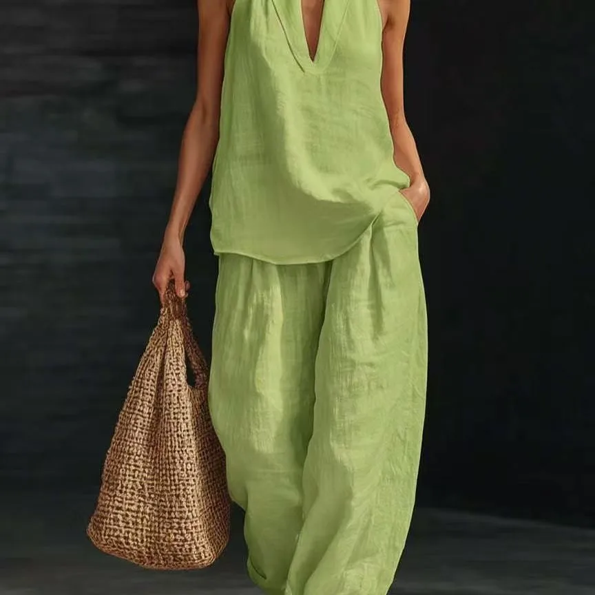 Sommerliches Damen-Freizeit-Set aus Leinen: 2-teiliges Halter-Neck V-Ausschnitt Top und Weite-Bein-Hose für Strand und Urlaub – Detail 10