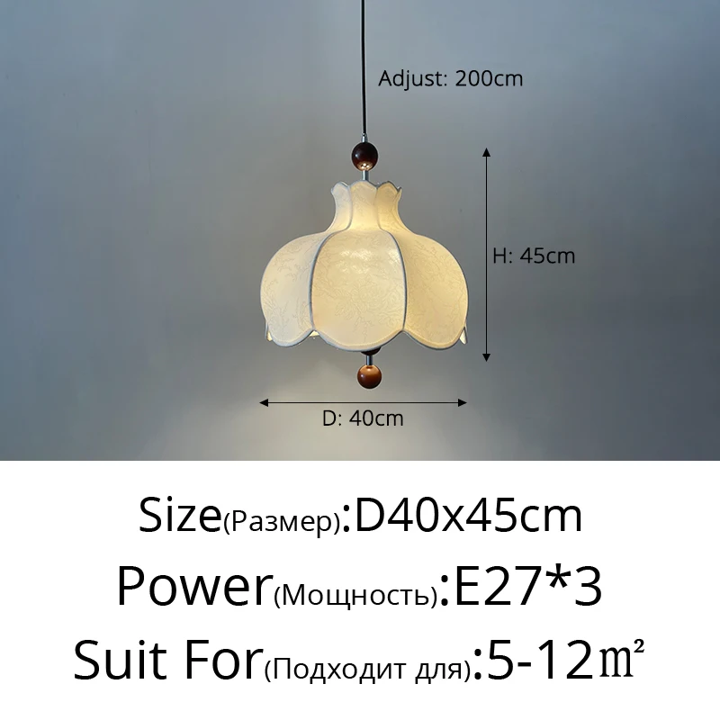 French Retro Wooden Pendant Light Petal Printing Fabric Hanging Lamp Medieval Living Room Bedroom Restaurant Kitchen Chandelier