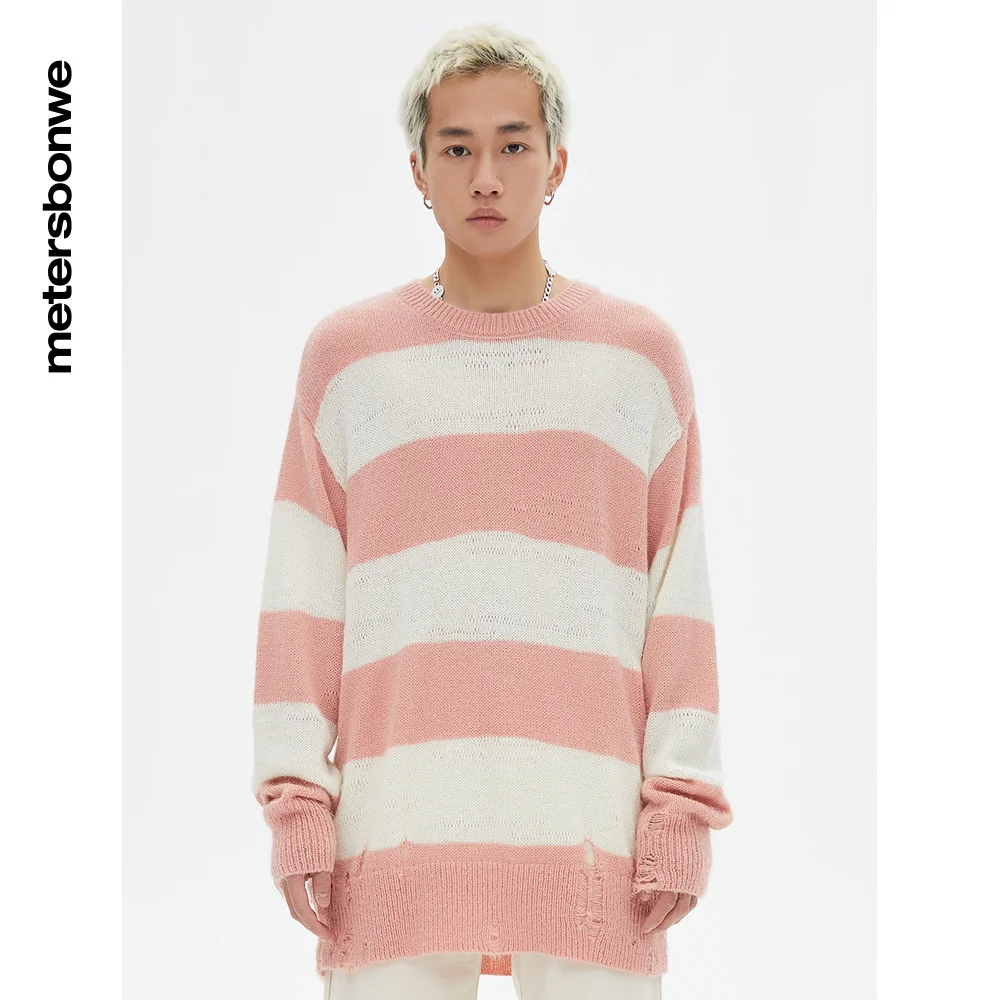 Metersbonwe-Men's  Ripped Striped Long Sleeve Sweater Jumper Round Neck Loose Pullover Retro Fashion High Street Spring