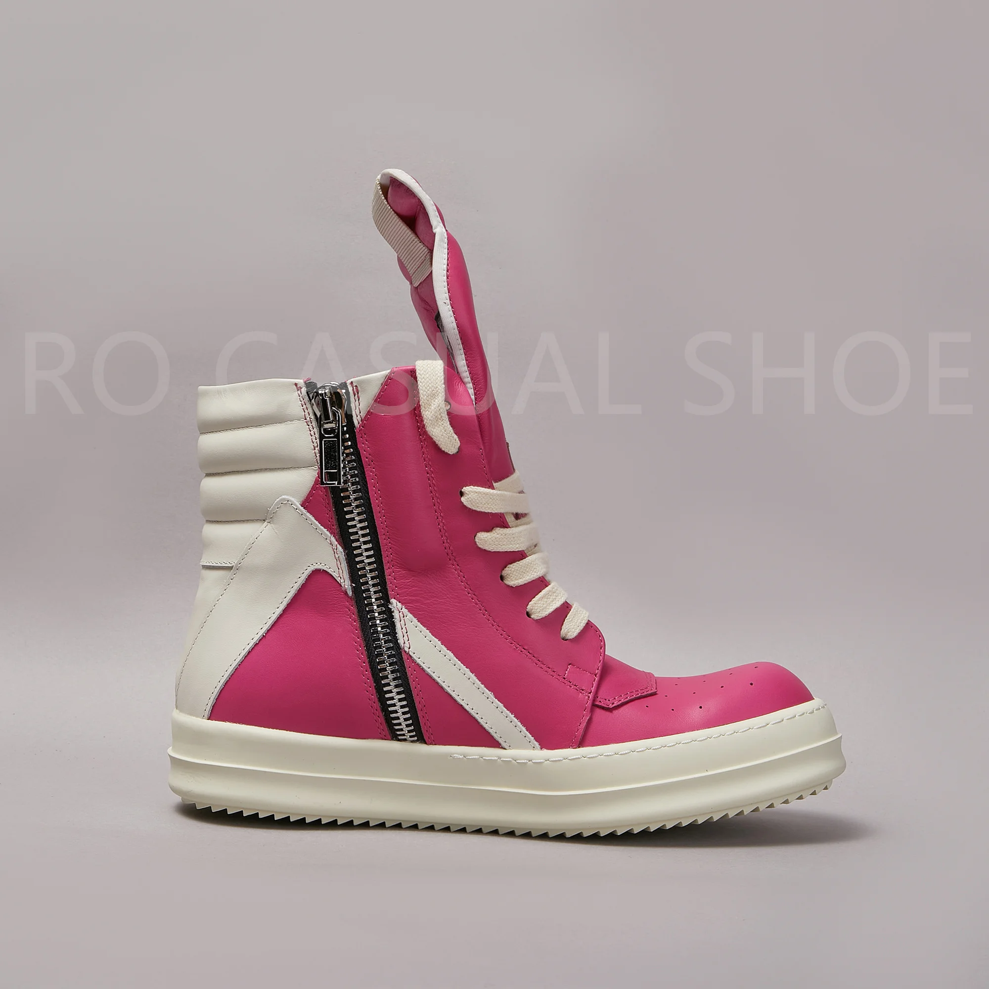 Ricks Genious Rose Pink Leather High Top Geobasket Owens Quality Men Shoe Zipper Women Sneaker Casual Owens Design boots & Shoes