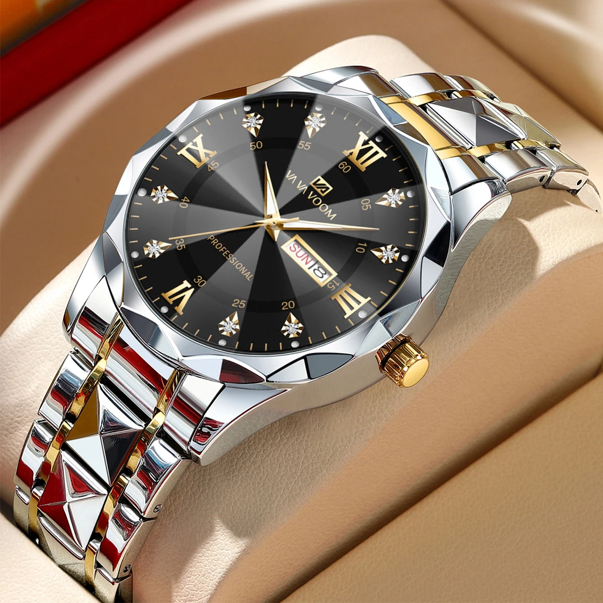 

Men Watch Water Diamond Luxury Night Glow Double Calendar Quartz Movement 41mm Blue Gold Stainless Steel Fashion Business Watch
