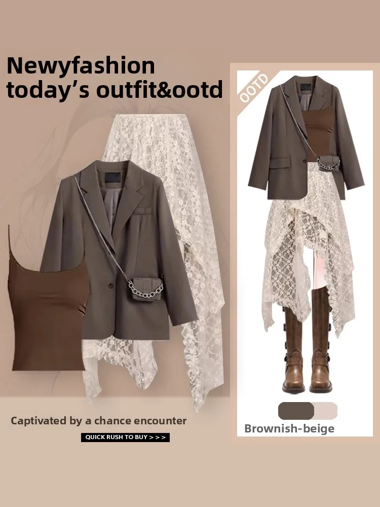 

Early Autumn Faion Set Korean Sle Lace Suit irt Vest Skirt Tee Piece Ensemble V Ne Long Sve Polyester Fiber