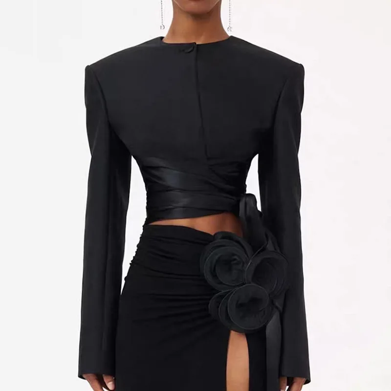 가을 패션 단색 라운드 넥 타이 웨이스트 슬림 핏 긴팔 여성 블레이저