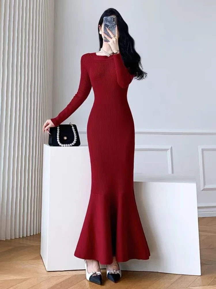 Fishtail Crochet Dresses for Women Clearance Sale Casual Korean Trend Comfortable High Quality Cool Y2k Red Woman Knitted Dress