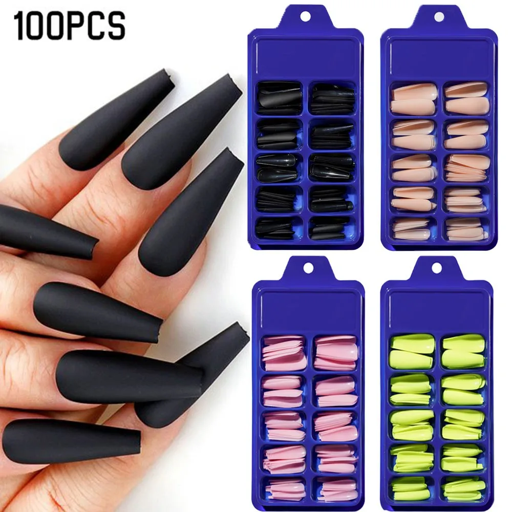 100Pc Matte Press on Nails Long Ballerina False Nails Detachable Wearable Manicure Fake Tips Full Cover Ballet Acrylic Fake Nail