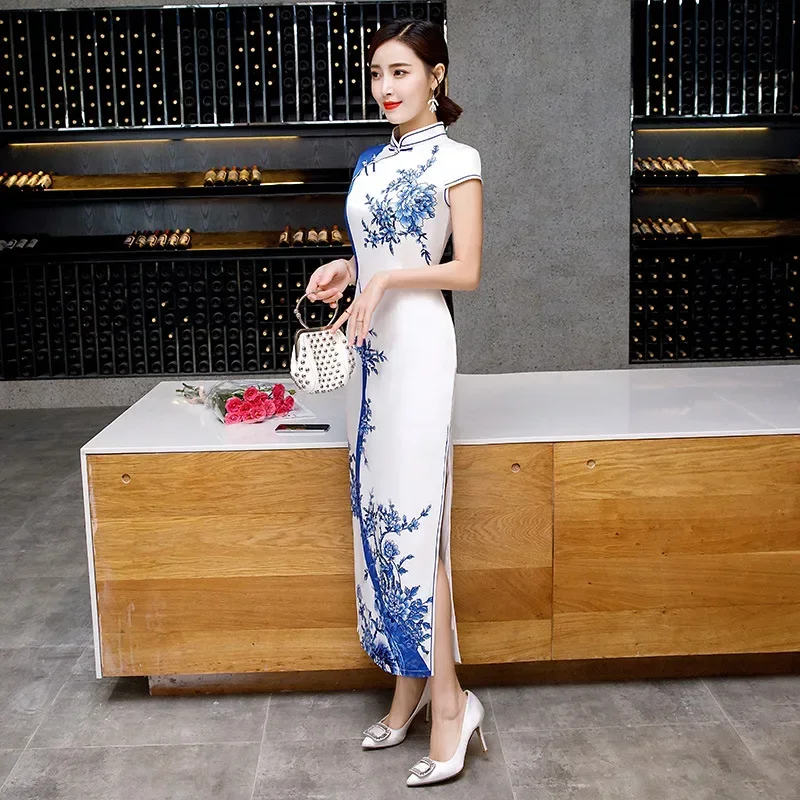 

Summer Lady Short Sleeve Qipao Chinese Traditional Women Party Dress Female Elegant Print Vintage Button Cheongsam