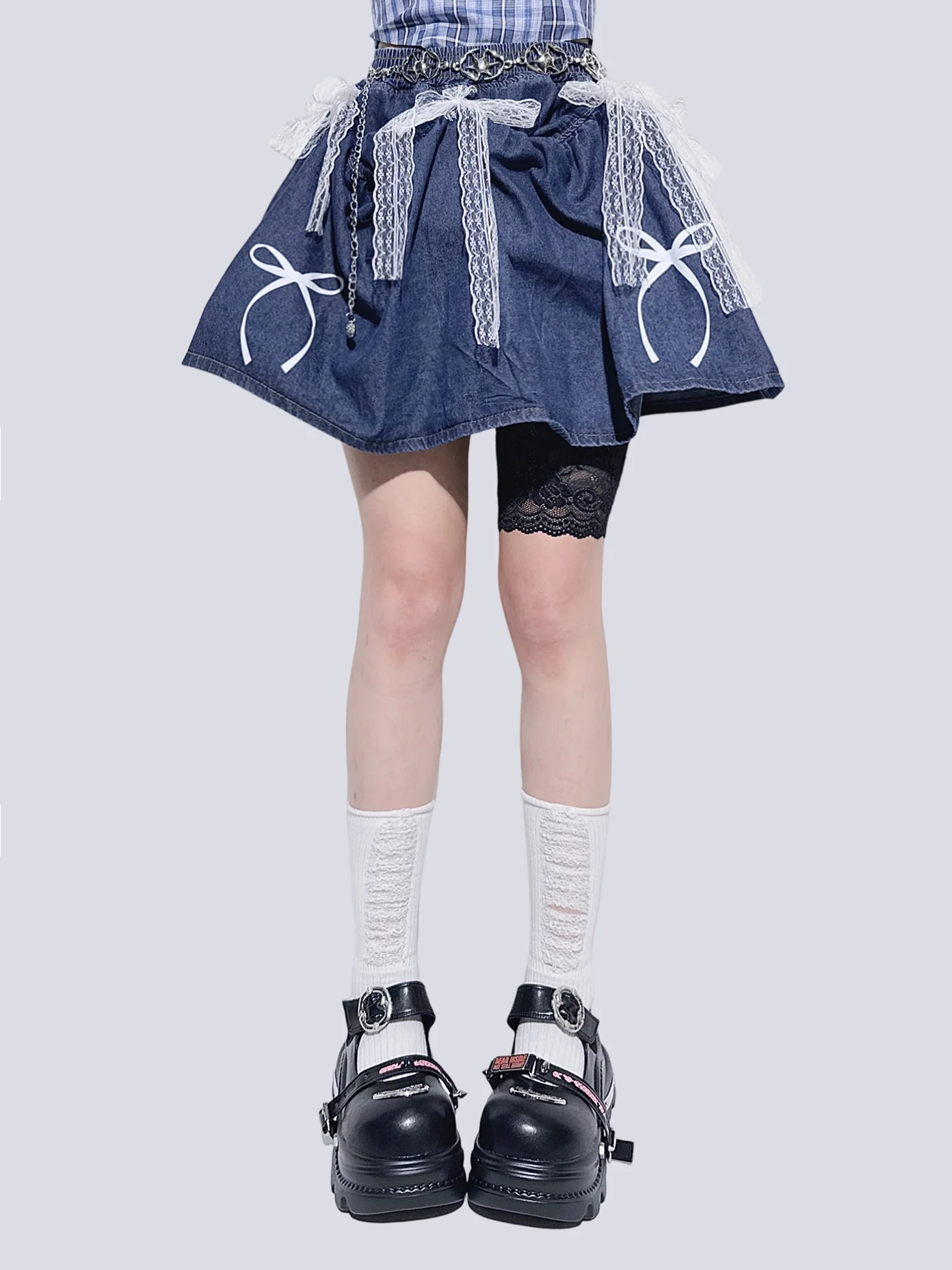 Sweet Bow Retro Denim Can Change Temperament Multi-hour Wear Skirt Japanese Subculture Versatile Skirt Lace Up Lace A-line Skirt
