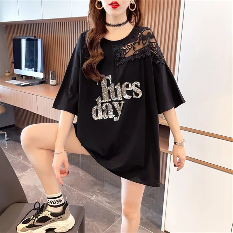 2023 Women Korean Fashion Sexy Lace Patchwork Sequin Oversize T Shirt Summer Black White Short Sleeve Streetwear Tunic Tops Ropa