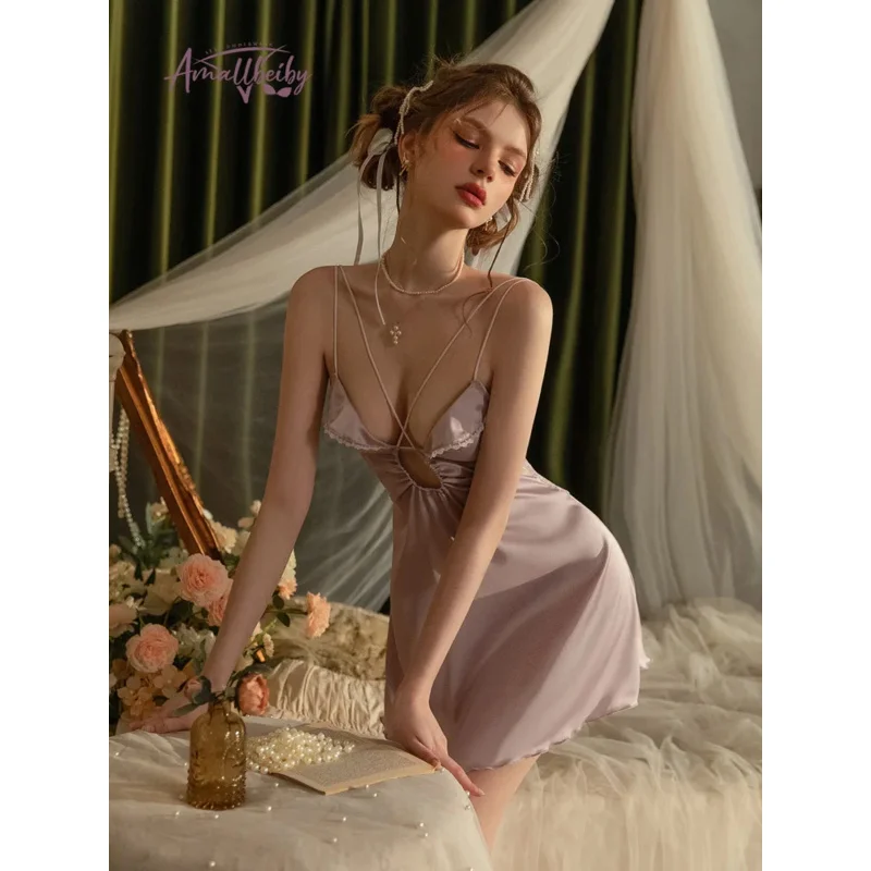 Sexy Pajamas Women's Lingerie Sleepwear Summer Ice Silk Set Nightgowns with Chest Pad Sling Pajama Dress Pure Desire 2023 New