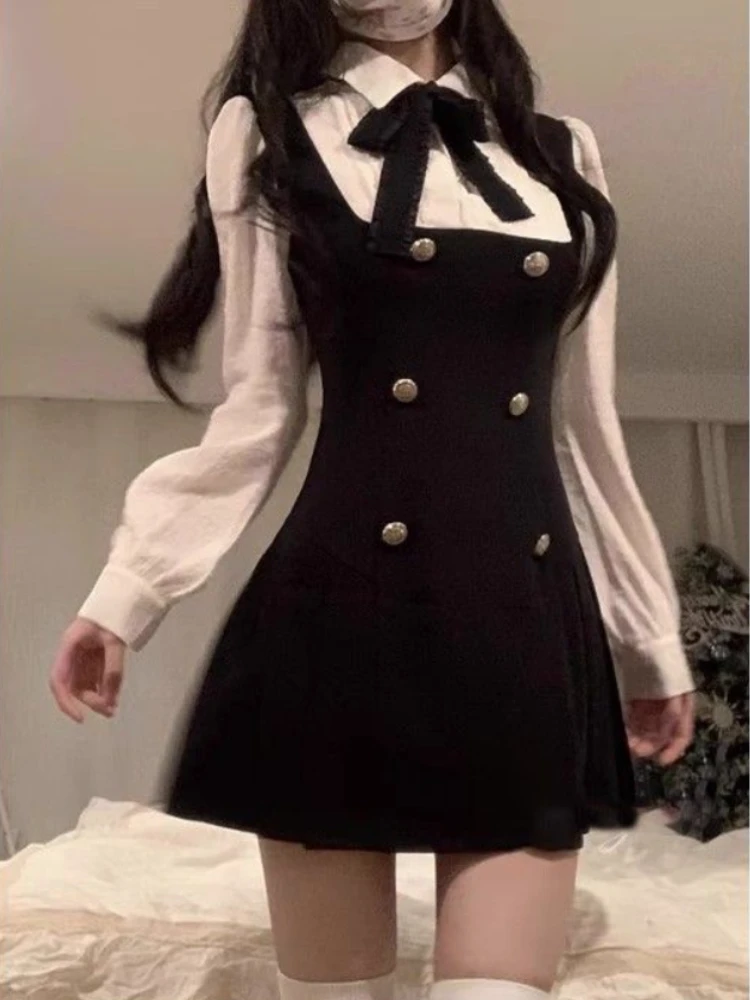 

College Style Sweet Fake Two Piece Dress Women French Elegant Slim Long Sleeve Dresses Chic Princess Party Clothing Autumn 2024