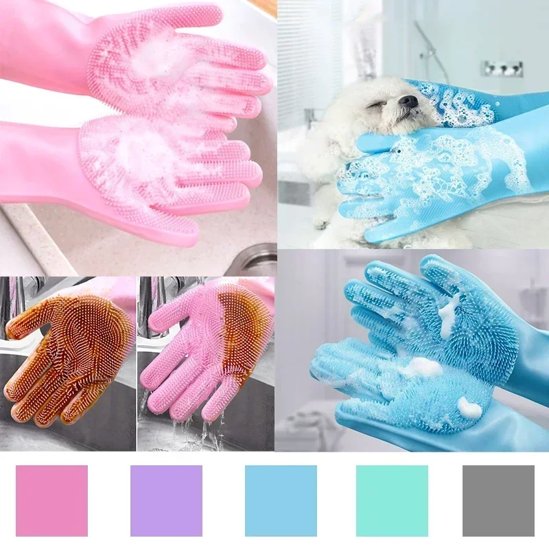 

Dishwashing Cleaning Gloves Silicone Rubber Dish Washing Gloves Household Cleaning Tools Pet Bath Massage Hair Removal Gloves