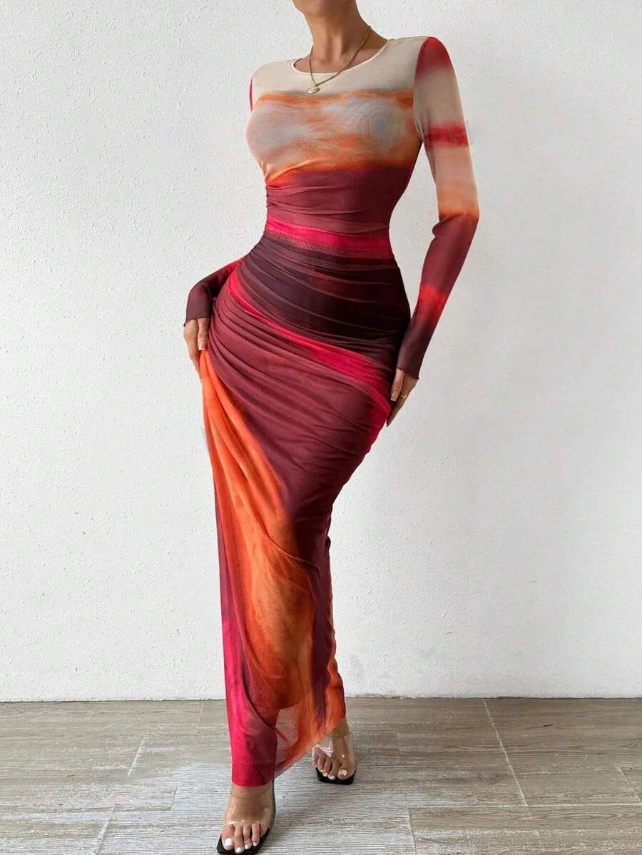 เดรสสไตล์ยุโรปอเมริกัน สีตัดกัน ดีไซน์หรูหรา แต่งระบาย เซ็กซี่ รัดรูป คอกลม