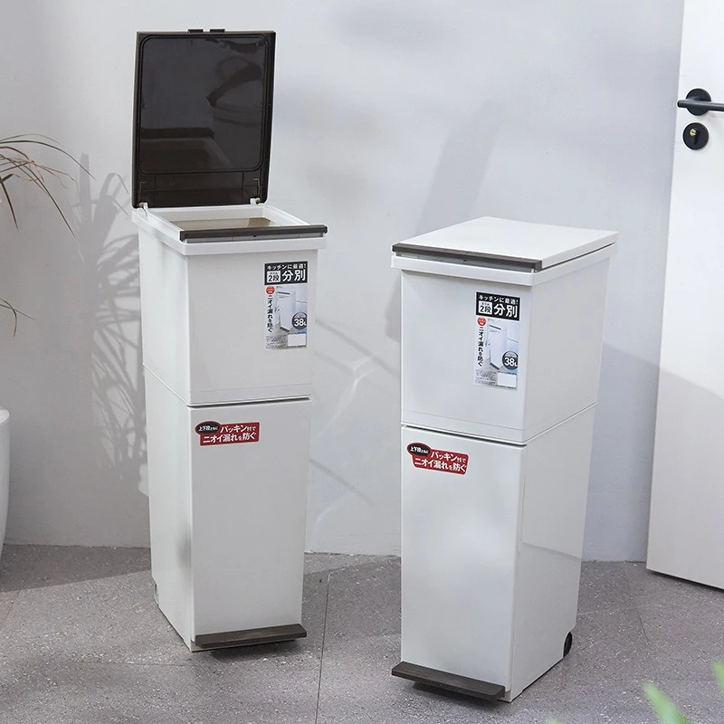 

Kitchen Trash Can Double Compartment Large Capacity Step Pedal Rolling Wheels Odor Control Dry Wet Separation Home Garbage Can