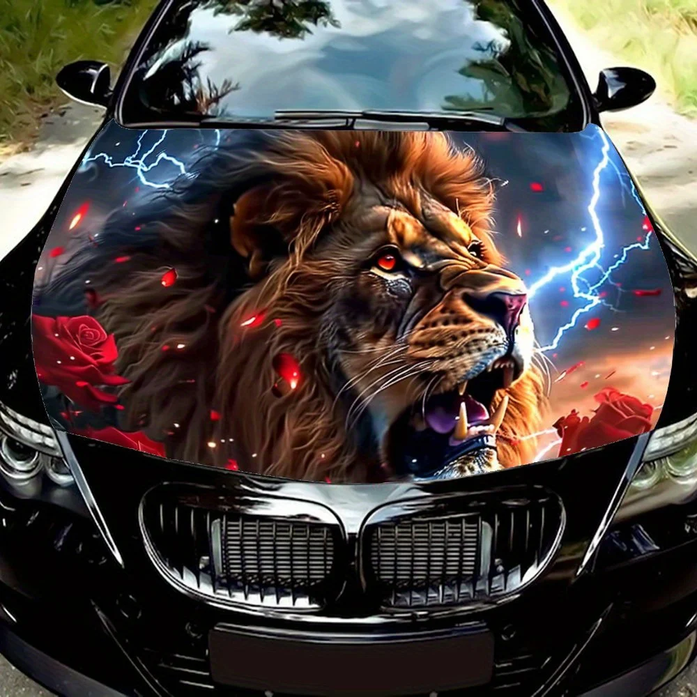 Lion Cool Car Cover Coating Under Blue Lightning, PVC Waterproof Car Cover Stickers, Self Adhesive Scratch Resistant Stickers, C