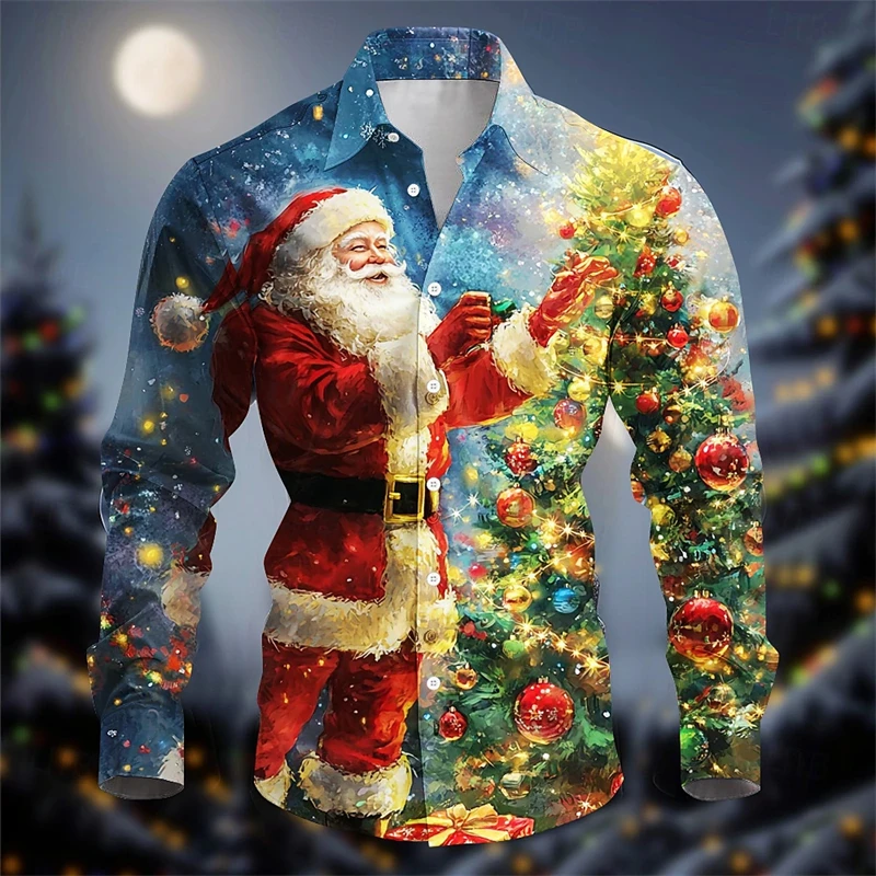 Christmas Theme Long Sleeve Shirts 3D Printed Painting Santa Claus Lapel Shirts Festival Casual Fashion Slim Streetwear Blouse