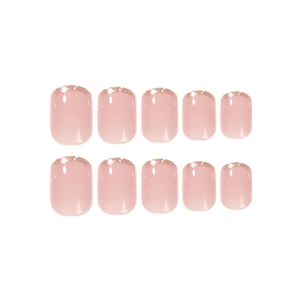 24pcs Short Square/ Round False Nails French Pink Glitter Gold Edge Fake Nails Full Cover Detachable Nail Tips Press on Nails