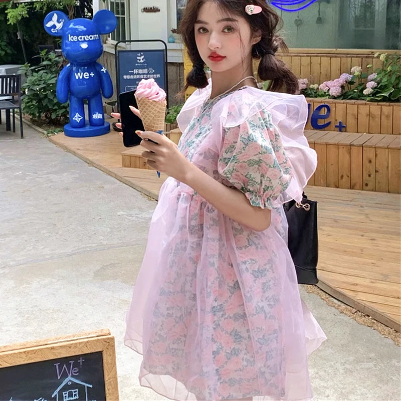 Korean Fashion Princess Dresses Women Floral Print Mesh Ruffles Puff Sleeve Mini Dress Korean Girls Lovely Party Kawaii Clothes