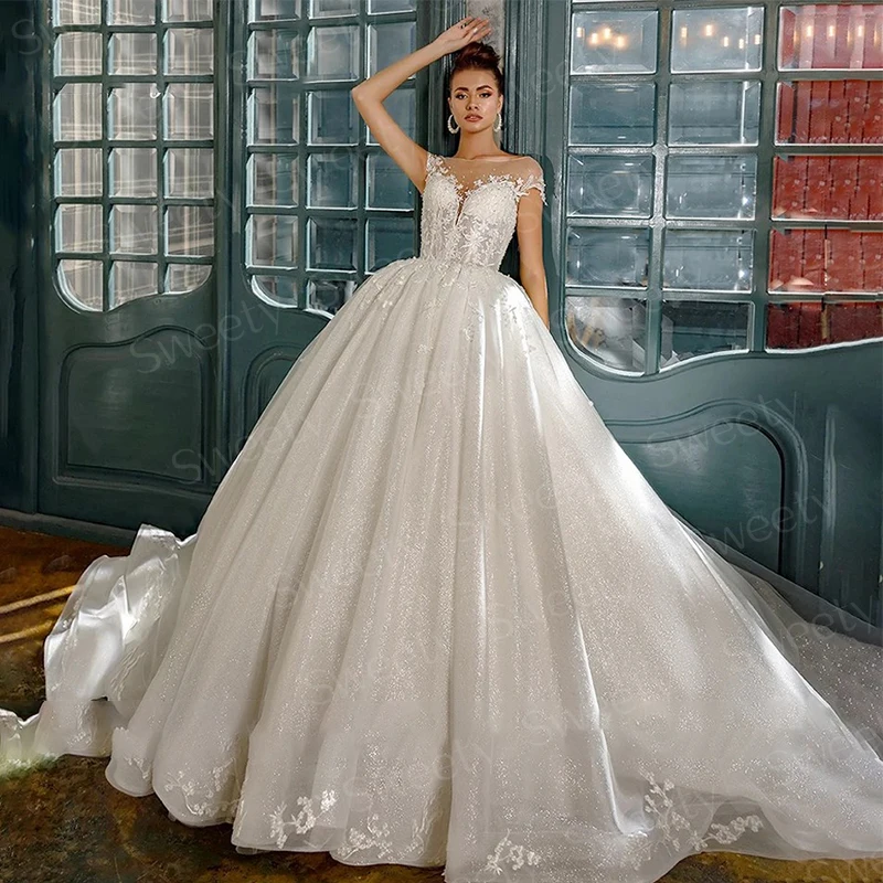 Robe de Mariée Glamour en Dentelle Brodée sur Filet, Tenue de Princesse Chic à Manches sulf, Col Bateau, pour Patients