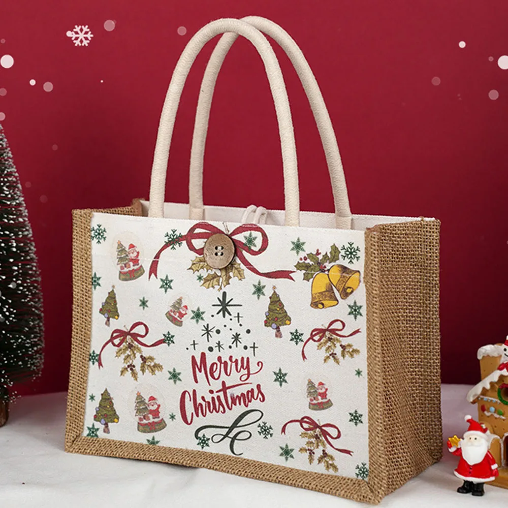 Christmas Linen Tote Bag Santa Claus Prints Large Capacity Jute Christmas Handbag Female Eco-Friendly Reusable Shopping Bag