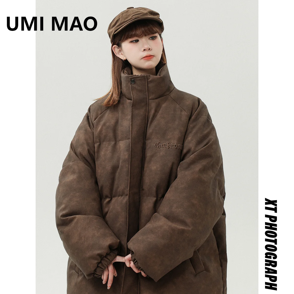 UMI MAO Winter Jacket PU Leather Vintage Design Steel Printed Warm And Thick Cotton Coat Men Women Y2K Casacos Feminino