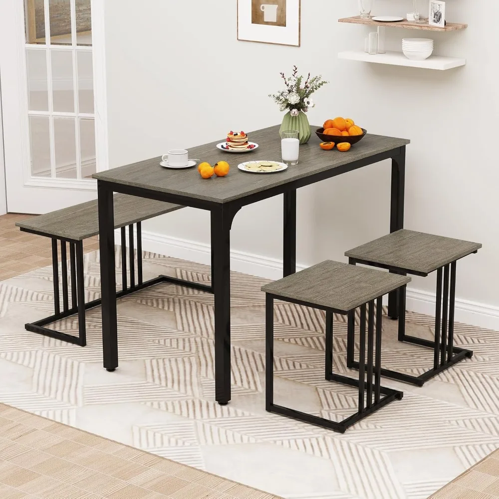 

Dining Table Set for 4, Rectangular Dinner Table with 2 Stools & 1 Bench, Industrial Kitchen & Dining Room Furniture