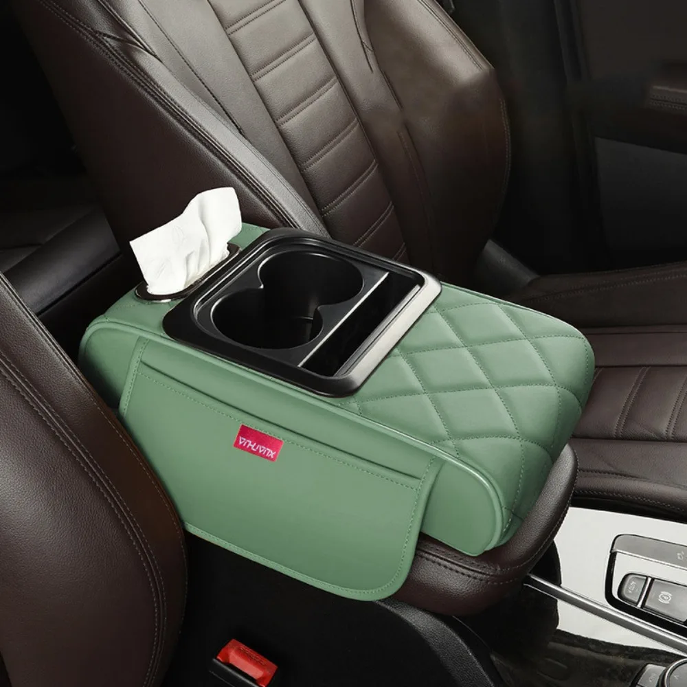 

Durable Portable Center Console Armrest Cushion Multifunctional PU Leather Cup Holder Height Increasing Storage Box Universal