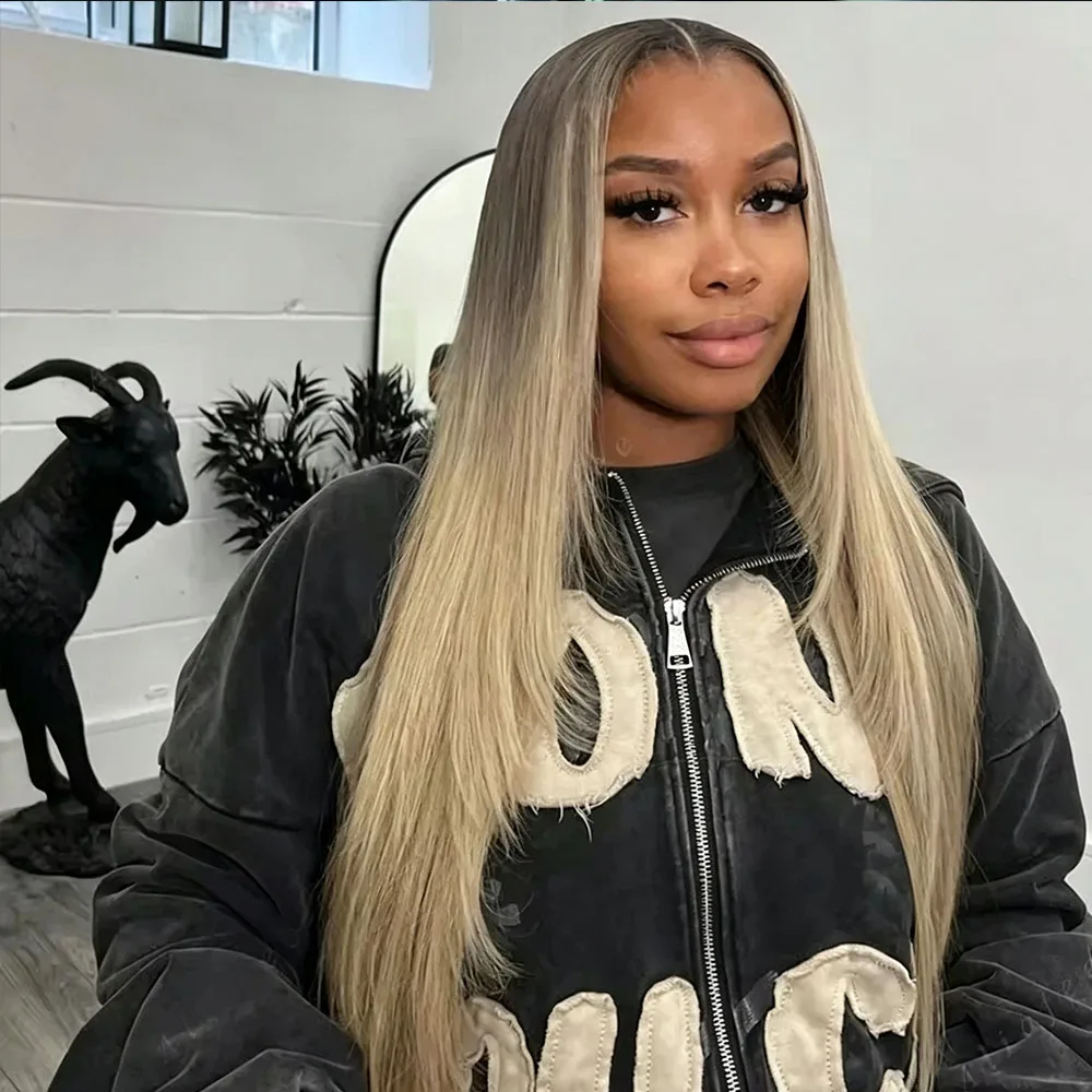 Aschblonde Highlights Balayage Klebefreie Knochenglatte U-Part-Perücke Weiche 100% Echthaar-Perücke V-Part-Perücke für Frauen – Detail 4